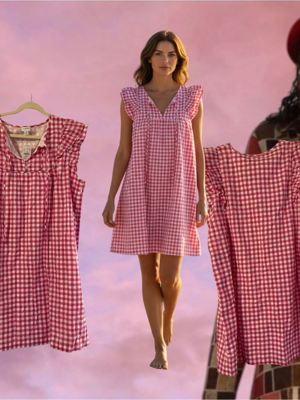 J. Crew Pink Gingham Ruffled Sleeve Mini Dress